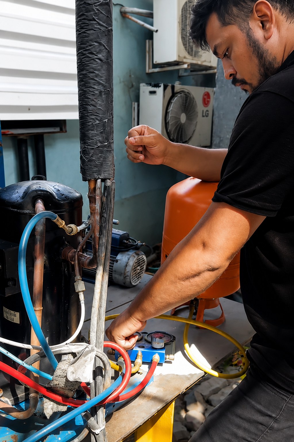 Técnico trabalhando no sistema de refrigeração com manifold e mangueiras
