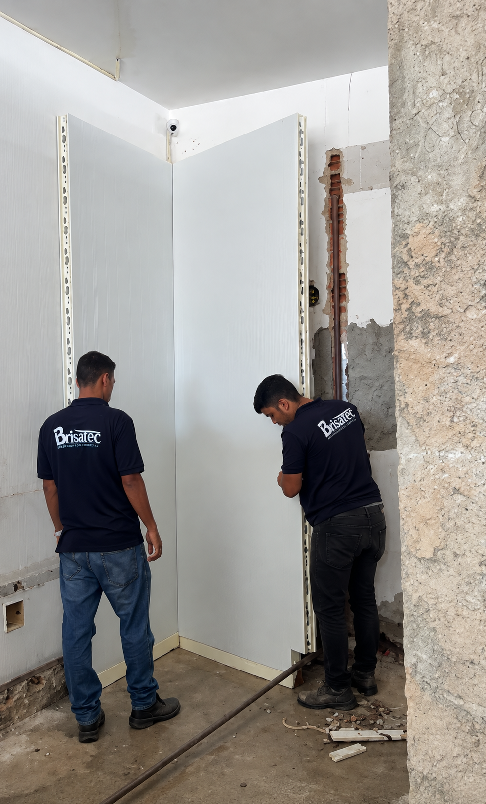 Equipe da Brisatec montando painéis de uma câmara frigorífica