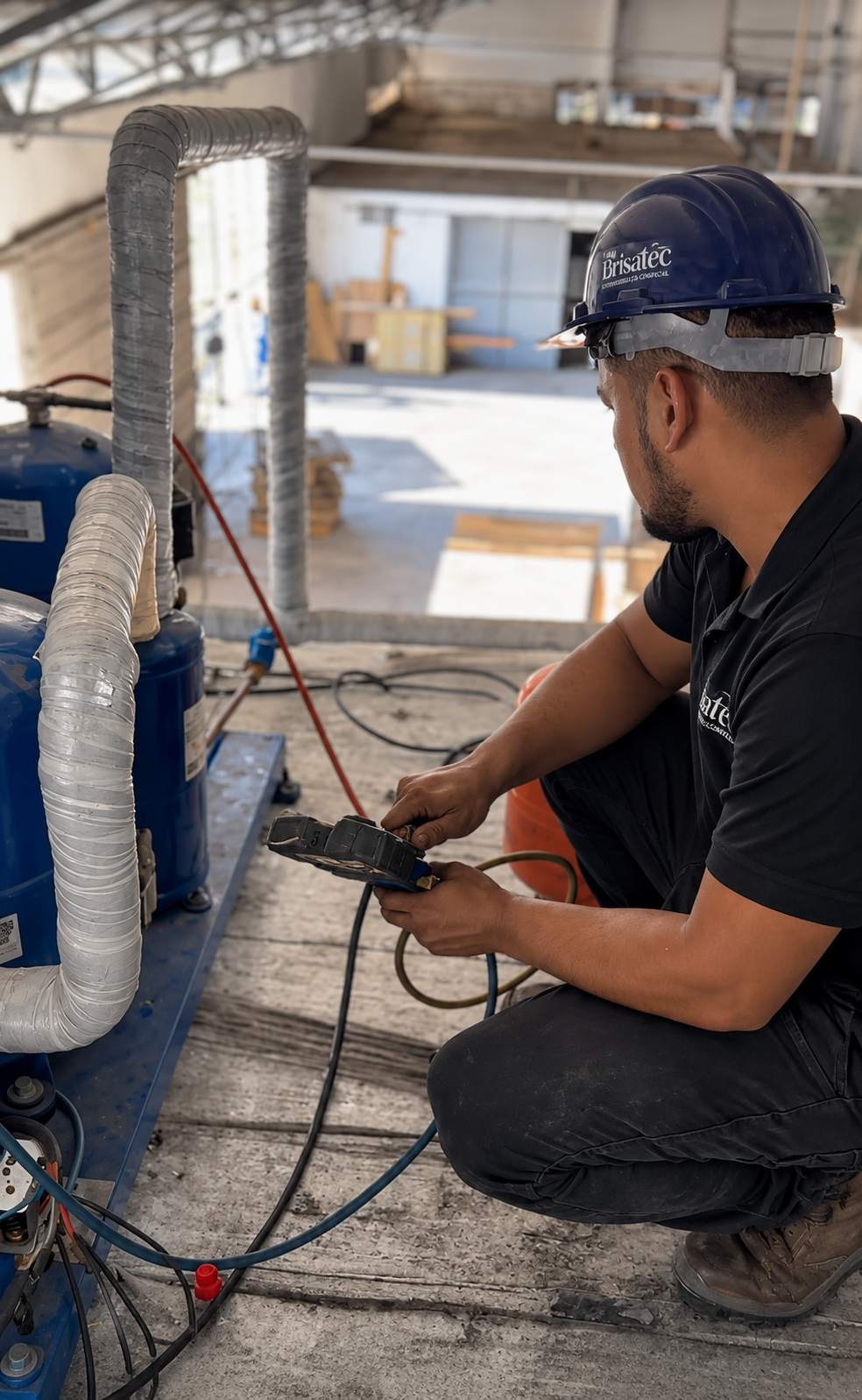 Técnico da Brisatec trabalhando no sistema de refrigeração no Porto do Mucuripe